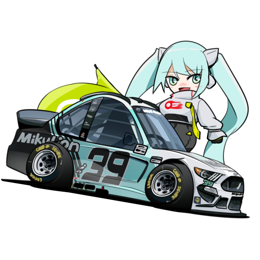 1girl, absurdres, black_bodysuit, black_gloves, blue_eyes, blue_hair, bodysuit, car, chibi, commentary, cropped_jacket, english_commentary, flag, ford, ford_mustang, ford_mustang_s550, gloves, goodsmile_racing, goodyear, grey_jacket, hatsune_miku, highres, holding, holding_flag, holeecrab, jacket, looking_at_viewer, motor_vehicle, nascar, official_alternate_costume, open_mouth, race_vehicle, racecar, racing_miku, racing_miku_(2022), smile, solo, vocaloid, white_background