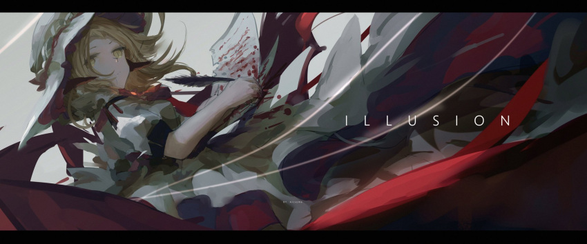 1girl, alcxome, apron, blonde_hair, blood, blood_stain, blue_skirt, bow, bowtie, character_request, check_character, circle_skirt, closed_mouth, commentary, cowboy_shot, demon_wings, dutch_angle, english_text, floating_clothes, floating_hair, frilled_headwear, grey_background, hat, highres, holding, holding_letter, holding_quill, kana_anaberal, letter, letterboxed, light_frown, long_hair, looking_at_viewer, medium_skirt, puffy_short_sleeves, puffy_sleeves, quill, red_bow, red_bowtie, shirt, short_sleeves, skirt, solo, sun_hat, touhou, touhou_(pc-98), waist_apron, white_apron, white_hat, white_shirt, wind, wings, writing, yellow_eyes