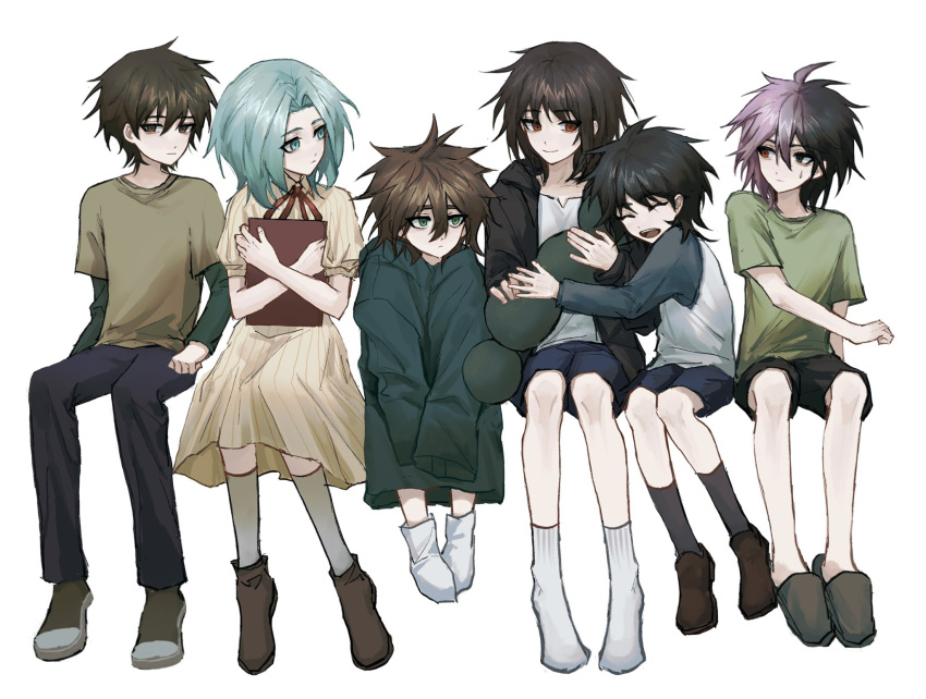 1girl, 5boys, aqua_eyes, aqua_hair, black_eyes, black_footwear, black_hair, black_jacket