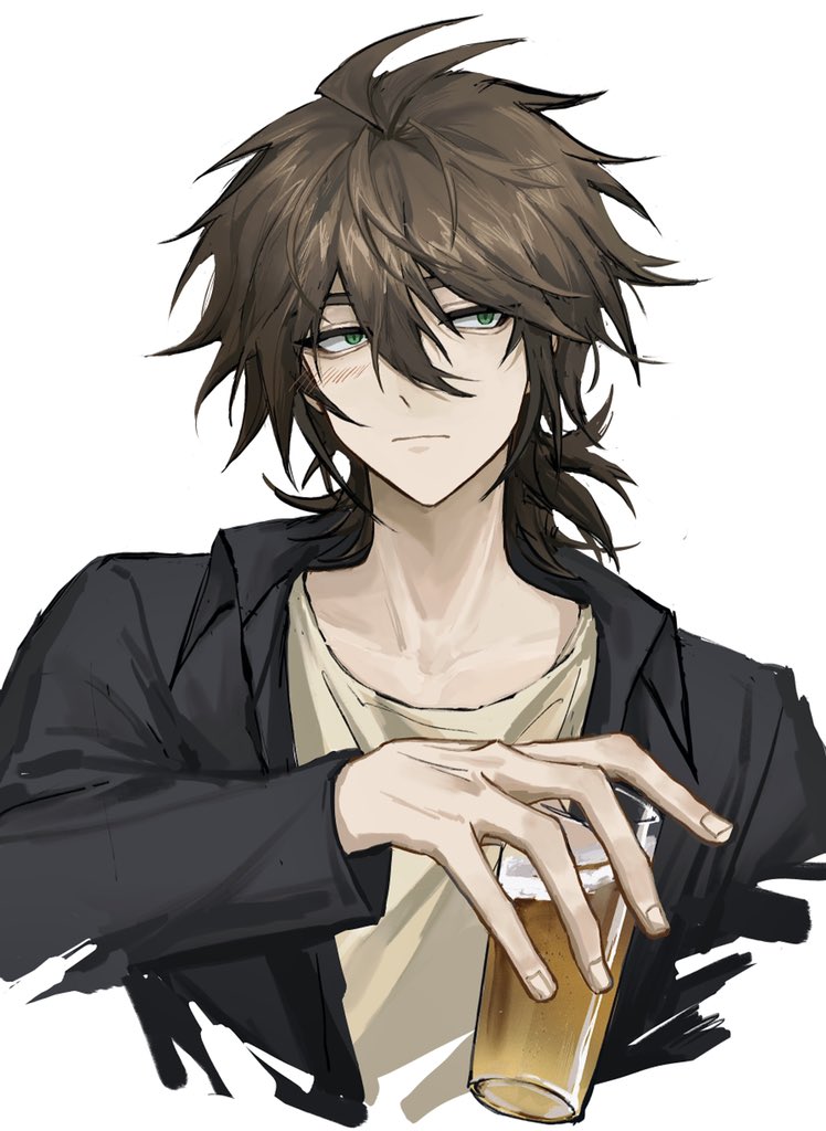 1boy, alcohol, beer, black_jacket, blush, bonley, brown_hair, chinese_commentary