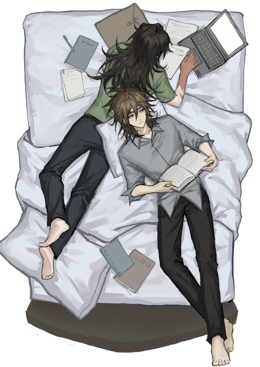 2boys, alternate_costume, barefoot, black_pants, bonley, book, brown_hair, burn_scar