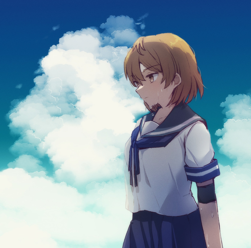 1girl, blue_neckerchief, blue_sailor_collar, blue_skirt, blue_sky, brown_eyes, brown_hair, clouds