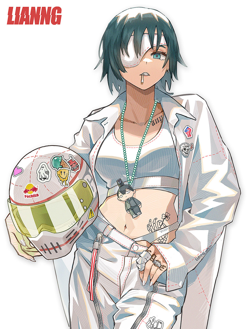 1girl, alternate_costume, artist_name, belt, black_hair, chainsaw_man, crop_top, eyepatch, hayakawa_aki, heart, helmet, highres, himeno_(chainsaw_man), jacket, jewelry, lianng, long_sleeves, necklace, open_clothes, open_jacket, pants, ring, shirt, short_hair, simple_background, sticker, stomach_tattoo, tattoo, upper_body, white_background, white_belt, white_helmet, white_jacket, white_pants, white_shirt