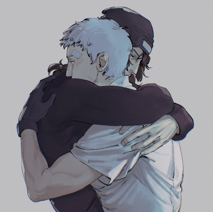 2boys, aragaki_shinjirou, bandage_on_face, bandage_over_one_eye, bandages, beanie, black_beanie, black_gloves