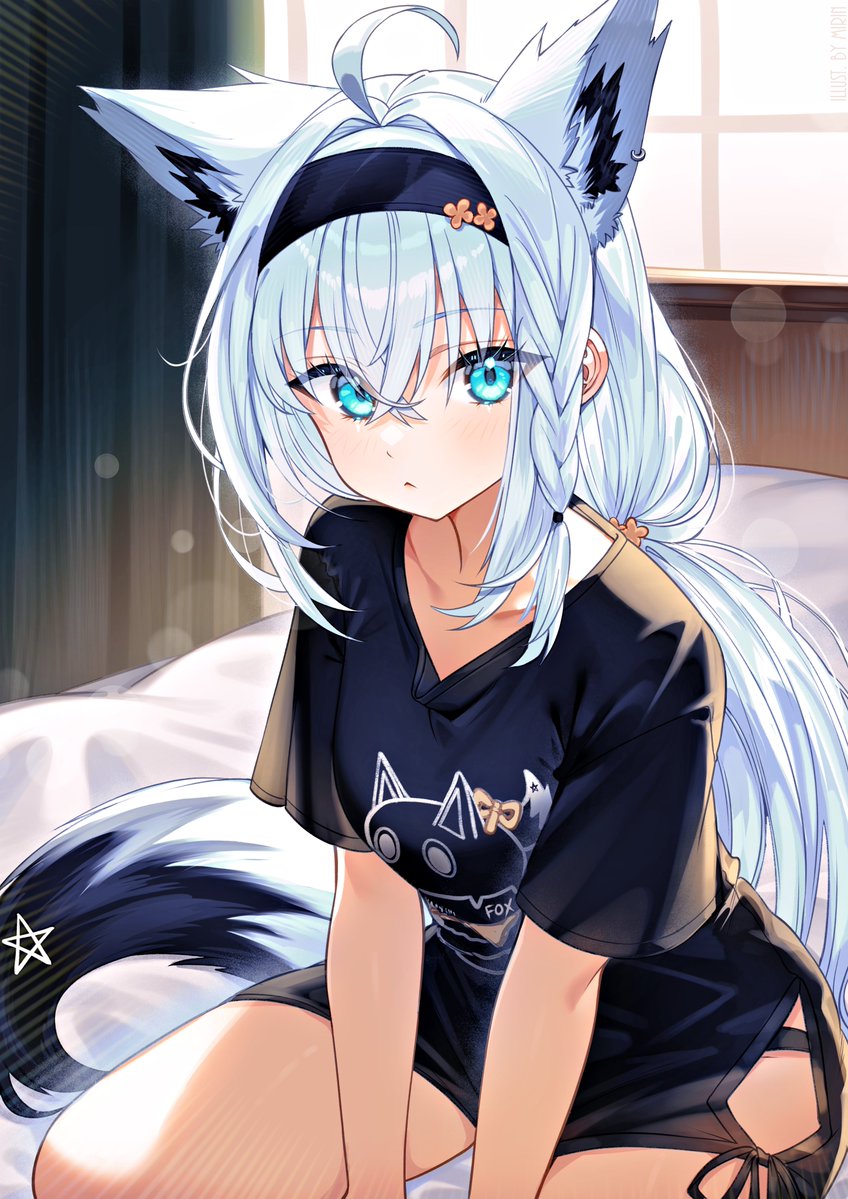 1girl, ahoge, animal_ear_fluff, animal_ear_piercing, animal_ears, bed, between_legs, black_hairband
