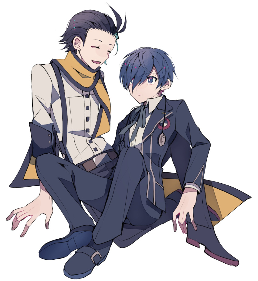 2boys, black_footwear, black_hair, black_jacket, black_pants, black_ribbon, black_wrist_cuffs, blue_eyes, blue_hair, buckle, closed_eyes, collared_jacket, dark_blue_hair, gekkoukan_high_school_uniform, hair_behind_ear, hair_between_eyes, hair_over_one_eye, hand_on_ground, headphones, headphones_around_neck, high_collar, highres, jacket, long_scarf, long_sleeves, male_focus, mochizuki_ryouji, multicolored_clothes, multicolored_scarf, multiple_boys, neck_ribbon, one_eye_covered, open_mouth, pants, persona, persona_3, ribbon, scarf, school_uniform, shoe_buckle, shoes, simple_background, sitting, sitting_on_lap, sitting_on_person, teketeke_(tasutekete), white_background, white_jacket, wrist_cuffs, yellow_scarf, yuuki_makoto_(persona_3)