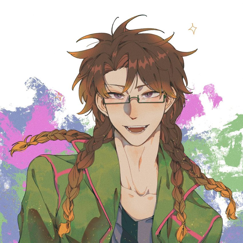 1boy, black_shirt, blackfish, blonde_hair, brown_hair, chinese_commentary, collarbone, colored_tips, commentary_request, film_grain, glasses, green_jacket, highres, jacket, looking_at_viewer, male_focus, multicolored_hair, open_clothes, open_jacket, open_mouth, orie_rin, pink_trim, portrait, quad_braids, rectangular_eyewear, saibou_shinkyoku, semi-rimless_eyewear, shirt, smile, solo, striped_clothes, striped_shirt, two-tone_hair, vertical-striped_clothes, vertical-striped_shirt, violet_eyes