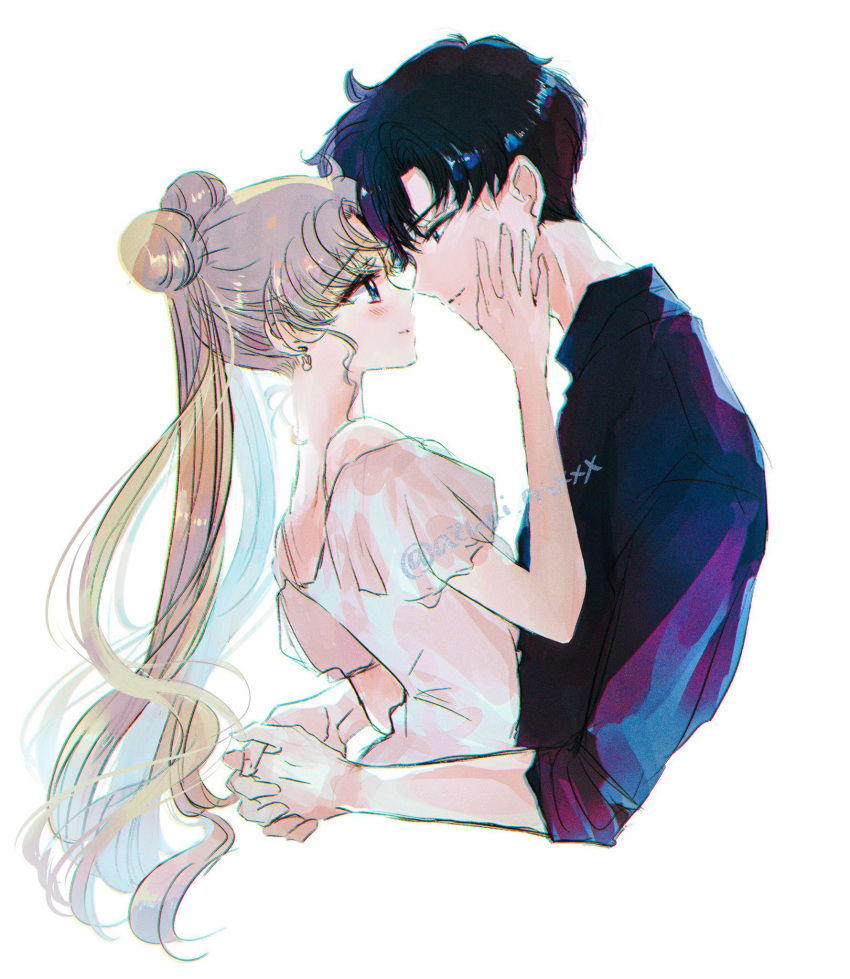 1boy, 1girl, arms_around_waist, bishoujo_senshi_sailor_moon, black_hair, black_shirt, blonde_hair, blue_eyes