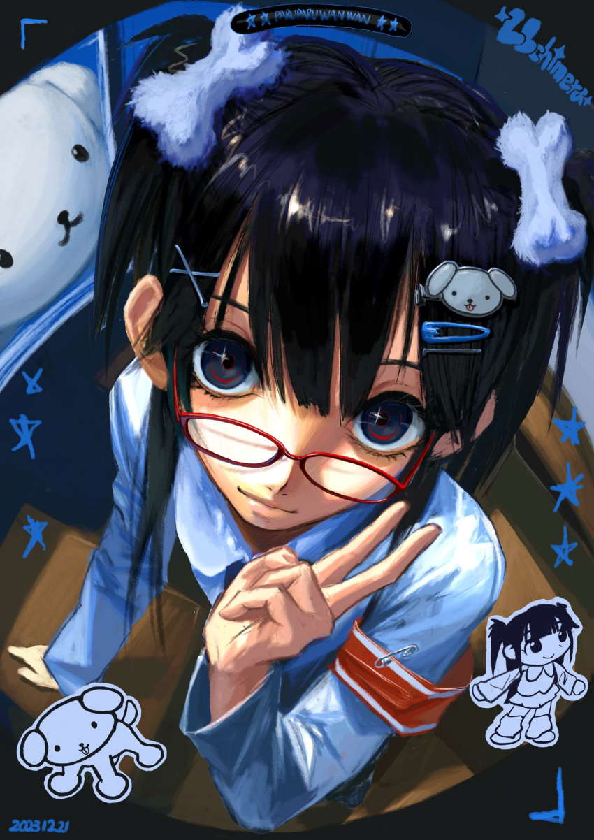 1girl, 2003, black_hair, blunt_bangs, bone_hair_ornament, dog_sticker, fisheye, from_above