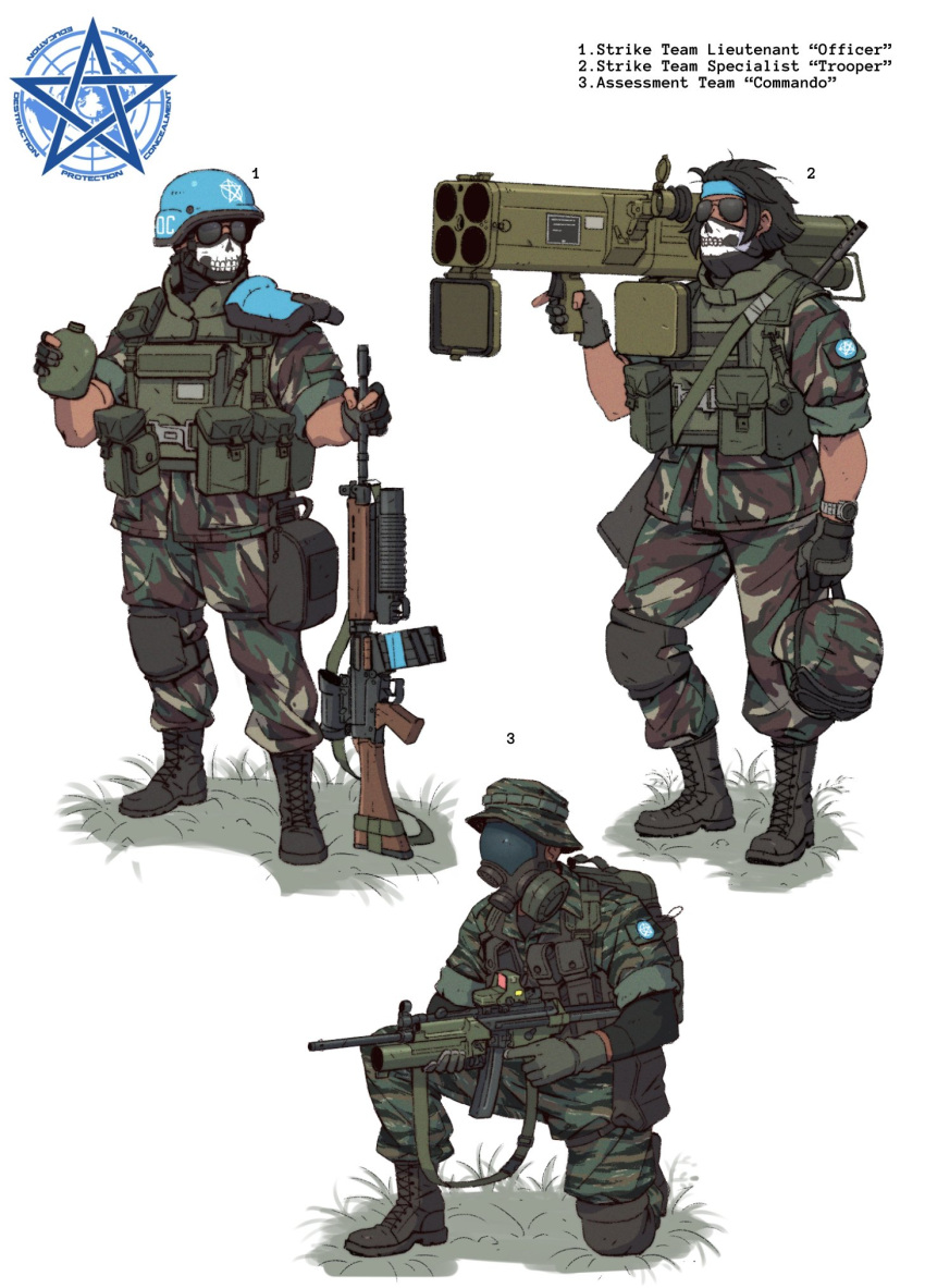 3boys, backpack, bag, bulletproof_vest, camouflage, camouflage_jacket, camouflage_pants, canteen, english_text, fingerless_gloves, gas_mask, gloves, grenade_launcher, gun, hat_legs, helmet, highres, holding_canteen, jacket, knee_pads, mask, military, military_uniform, mouth_mask, multiple_boys, pants, pouch, reflex_sight, rifle, rocket_launcher, scope, scp_foundation, sunglasses, underbarrel_grenade_launcher, uniform, watch, watch, weapon