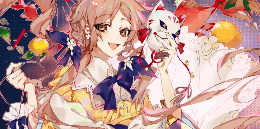 1girl, arcaea, balloon, bell, blue_background, blue_bow, bow, braid