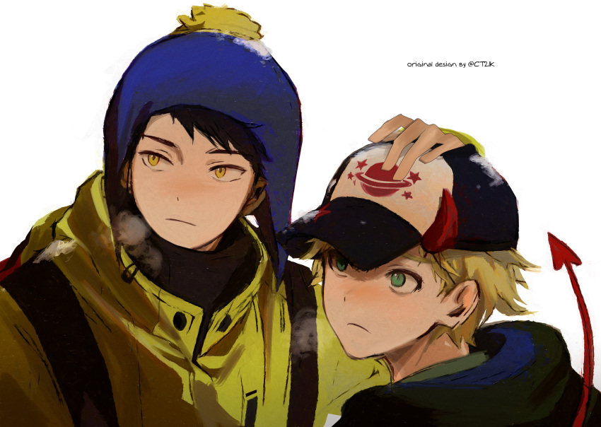 2boys, absurdres, animification, baseball_cap, black_hair, breath, chullo, commentary