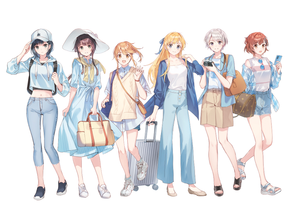 6+girls, :d, arm_up, backpack, bag, baseball_cap, black_footwear, blonde_hair, blue-tinted_eyewear, blue_dress, blue_eyes, blue_hair, blue_jacket, blue_pants, blue_shorts, breasts, brown_eyes, brown_hair, brown_shorts, camera, camisole, cellphone, character_request, chitose-kun_wa_ramune_bin_no_naka, collared_shirt, commentary_request, crop_top, dress, dress_shirt, eyewear_hang, grey_eyes, grey_hair, grey_hoodie, grey_pants, hand_on_headwear, hat, holding, holding_camera, holding_phone, hood, hood_down, hoodie, jacket, jacket_around_neck, midriff, multiple_girls, navel, off_shoulder, open_clothes, open_jacket, pants, phone, plaid_clothes, plaid_jacket, rolling_suitcase, shirt, shoes, short_shorts, short_sleeves, shorts, small_breasts, smile, standing, striped_clothes, striped_dress, suitcase, sunglasses, sweater_vest, tinted_eyewear, unworn_eyewear, vertical-striped_clothes, vertical-striped_dress, weee_(raemz), white_camisole, white_hat, white_shirt, yellow_jacket