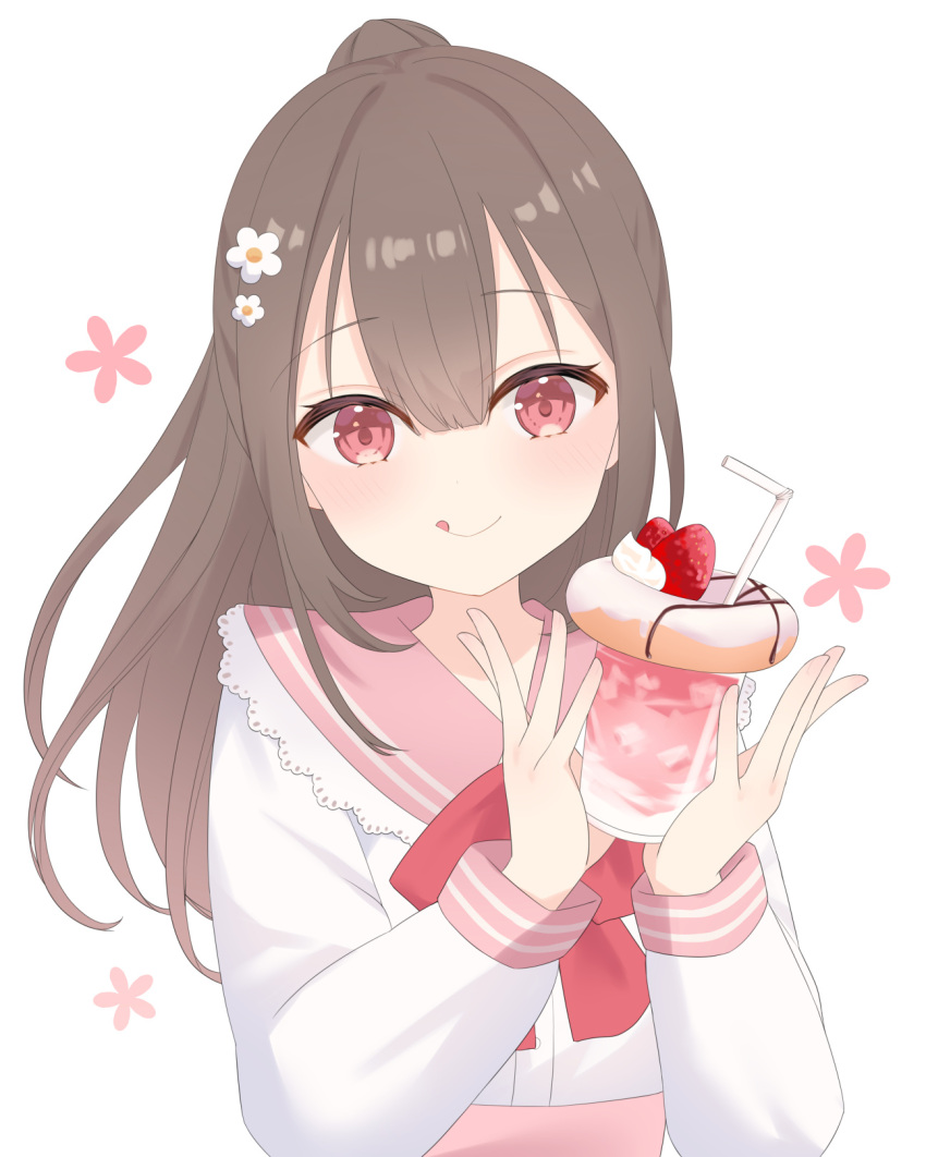 1girl, bow, bowtie, brown_hair, cup, doughnut, drink, drinking_straw, flower, food, fruit, furutori, hair_flower, hair_ornament, highres, holding, holding_cup, lace-trimmed_sailor_collar, long_hair, long_sleeves, original, pink_eyes, ponytail, school_uniform, serafuku, smile, solo, strawberry, tongue, tongue_out