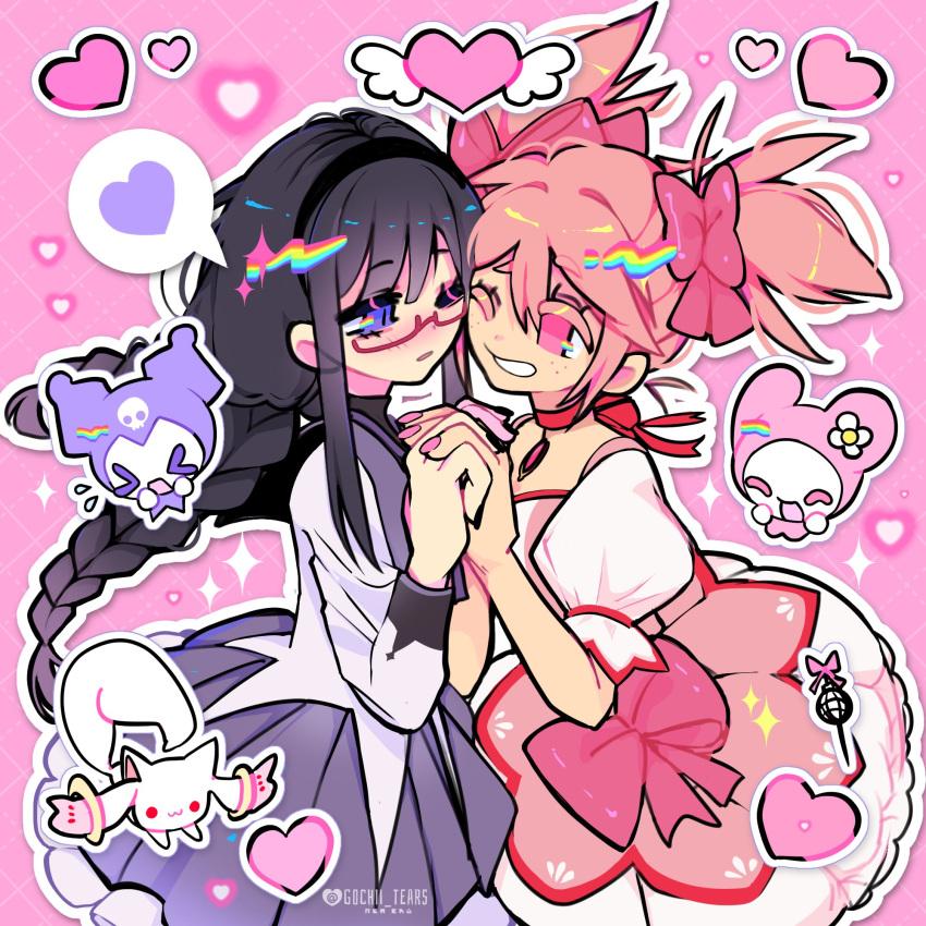 2girls, akemi_homura, akemi_homura_(magical_girl), artist_name, black_collar, black_hair, bow, bowtie