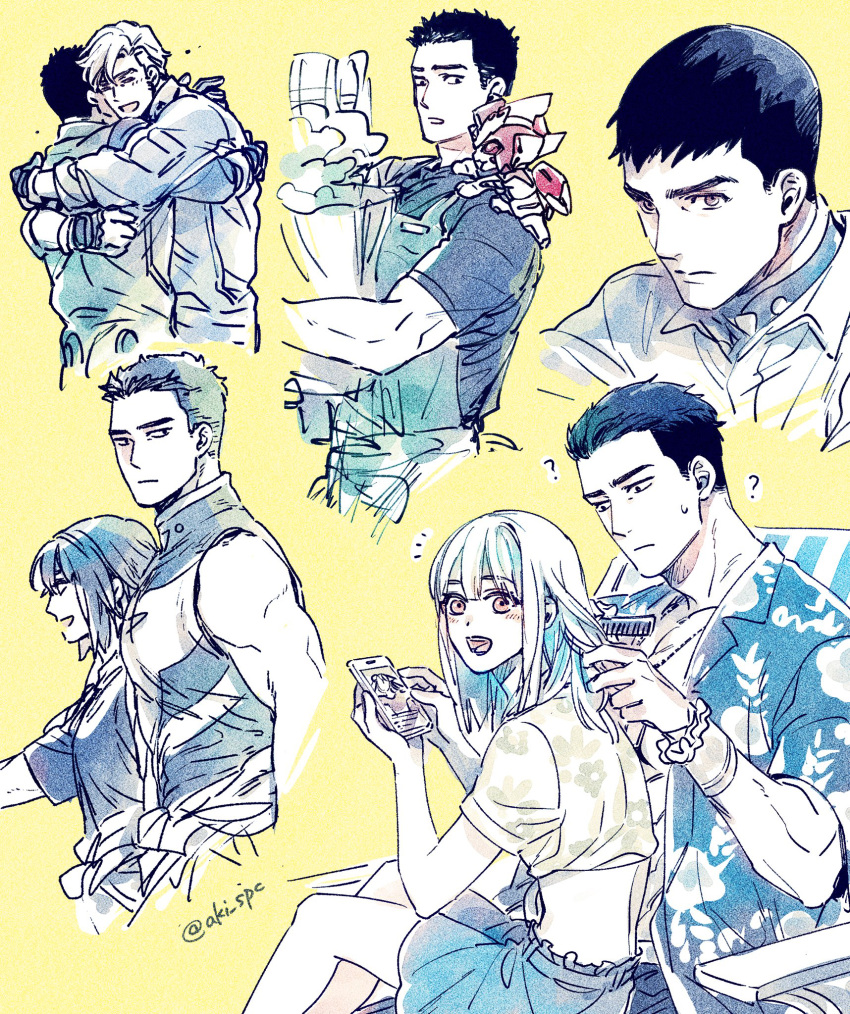 2girls, 3boys, aki_(supekutooru), ao_isami, black_hair, blonde_hair, bravern, chibi, chibi_inset, collage, cropped_shoulders, facial_hair, from_side, happy, hibiki_rio, highres, hug, lewis_smith, lulu_(bang_bravern), male_focus, multiple_boys, multiple_girls, official_alternate_costume, pectorals, ryuji_satake, sideburns_stubble, stubble, thick_eyebrows, toned, toned_male, yuuki_bakuhatsu_bang_bravern