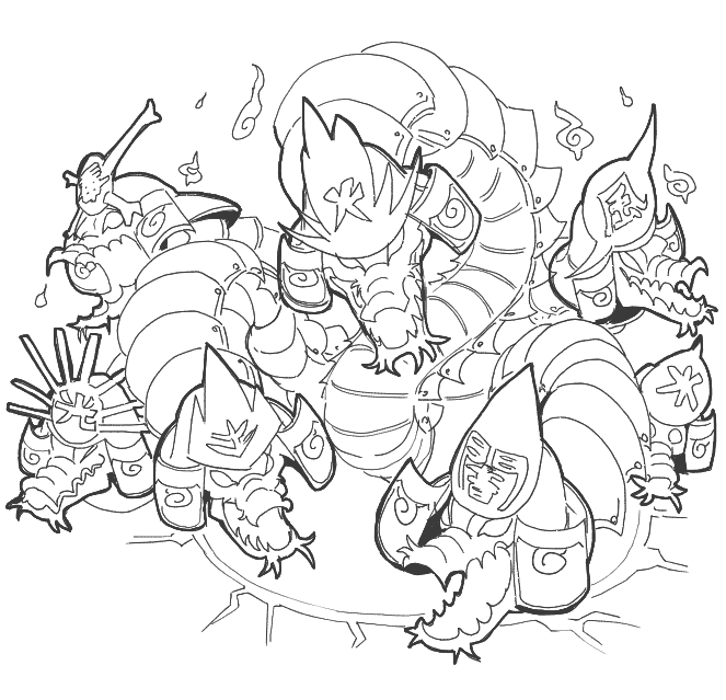 armor, blank_eyes, dragon, greyscale, helmet, hitodama, japanese_armor, kabuto_(helmet), lineart, monochrome, multiple_heads, no_humans, ookami_(game), open_mouth, sido_(slipknot), simple_background, translation_request, yamata_no_orochi_(ookami)