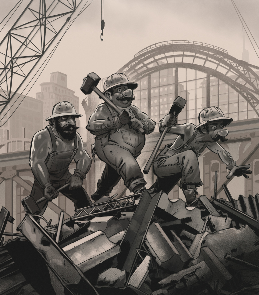 3boys, absurdres, angusburgers, arm_hair, beard, chest_hair, city, crane_(machine)
