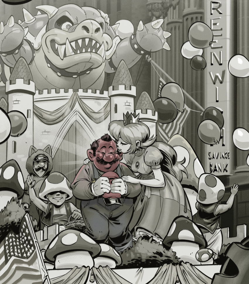 1girl, 4boys, absurdres, american_flag, angusburgers, balloon, basket, blush, bowser, castle, costume, crown, dress, english_commentary, english_text, facial_hair, full-face_blush, gloves, hat, height_difference, highres, holding, holding_basket, holding_clothes, holding_hat, kiss, long_hair, luigi, mario, multiple_boys, mushroom, mustache, parade_float, princess_peach, puffy_short_sleeves, puffy_sleeves, short_sleeves, spot_color, super_mario_bros., super_mushroom, toad_(mario), vest, white_gloves