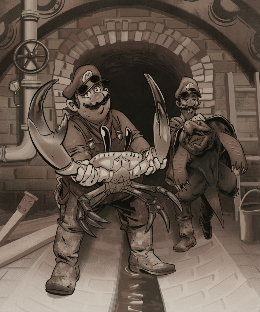 2boys, absurdres, angusburgers, animal, boots, brick_floor, brick_wall, brothers, bucket, cigarette, closed_eyes, crab, facial_hair, greyscale, hat, highres, holding, holding_animal, industrial_pipe, ladder, long_sleeves, looking_at_viewer, luigi, mario, mario_bros., monochrome, multiple_boys, mustache, oversized_animal, pressure_gauge, sewer, shadow, shellcreeper, siblings, sidestepper, super_mario_bros., turtle
