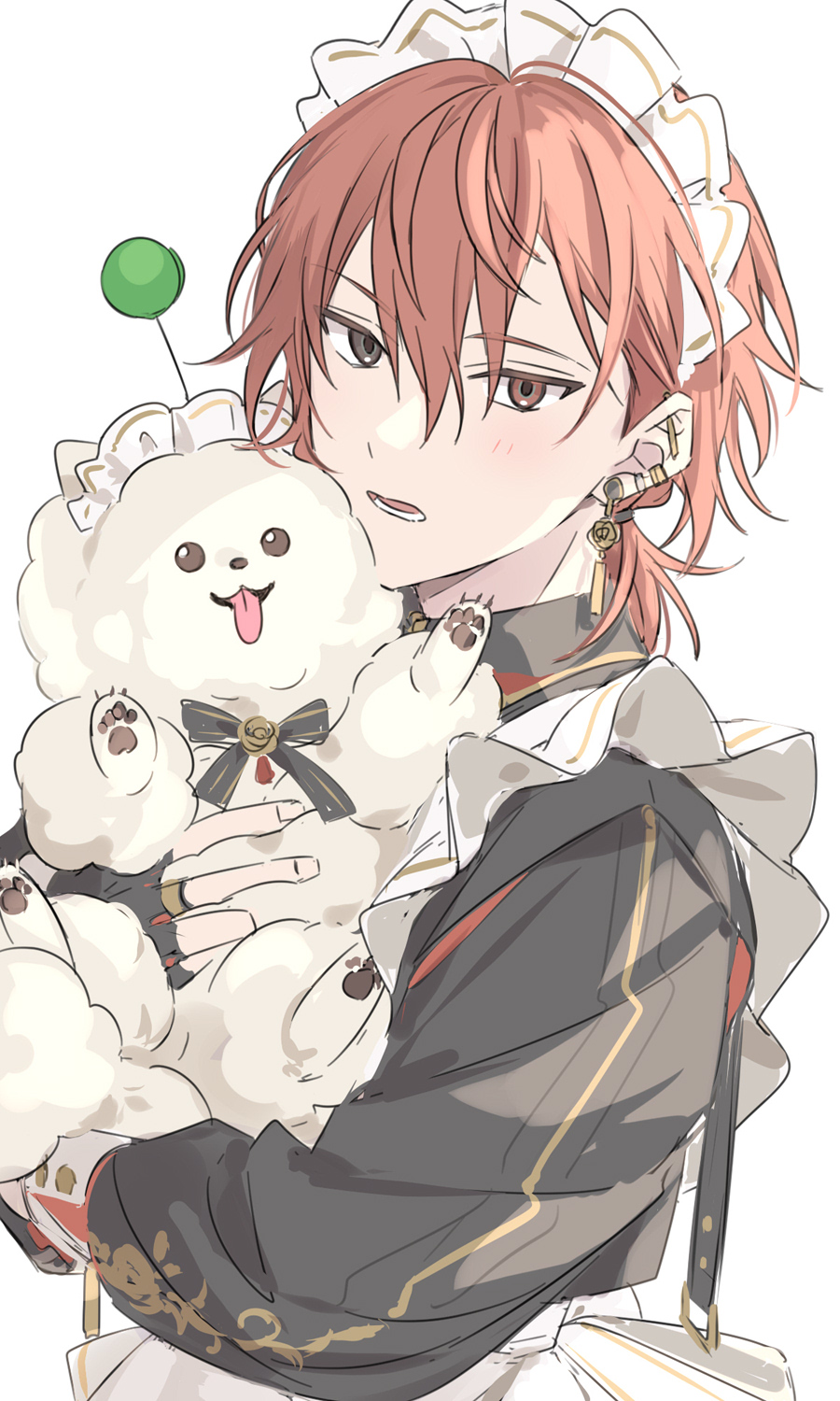 18trip, 1boy, aaabasashi, animal, apron, black_dress, black_ribbon, blush, bow, crossdressing, dog, dot_pupils, dress, ear_piercing, earrings, frilled_dress, frills, gold_trim, heterochromia, high_collar, highres, holding, holding_animal, holding_dog, jewelry, looking_at_viewer, lower_teeth_only, maid, maid_apron, maid_headdress, male_focus, multiple_earrings, neck_ribbon, nishizono_renga, open_mouth, orange_hair, piercing, ribbon, short_ponytail, simple_background, solo, teeth, three_quarter_profile, tongue, tongue_out, upper_body, white_background, white_fur, wrist_cuffs