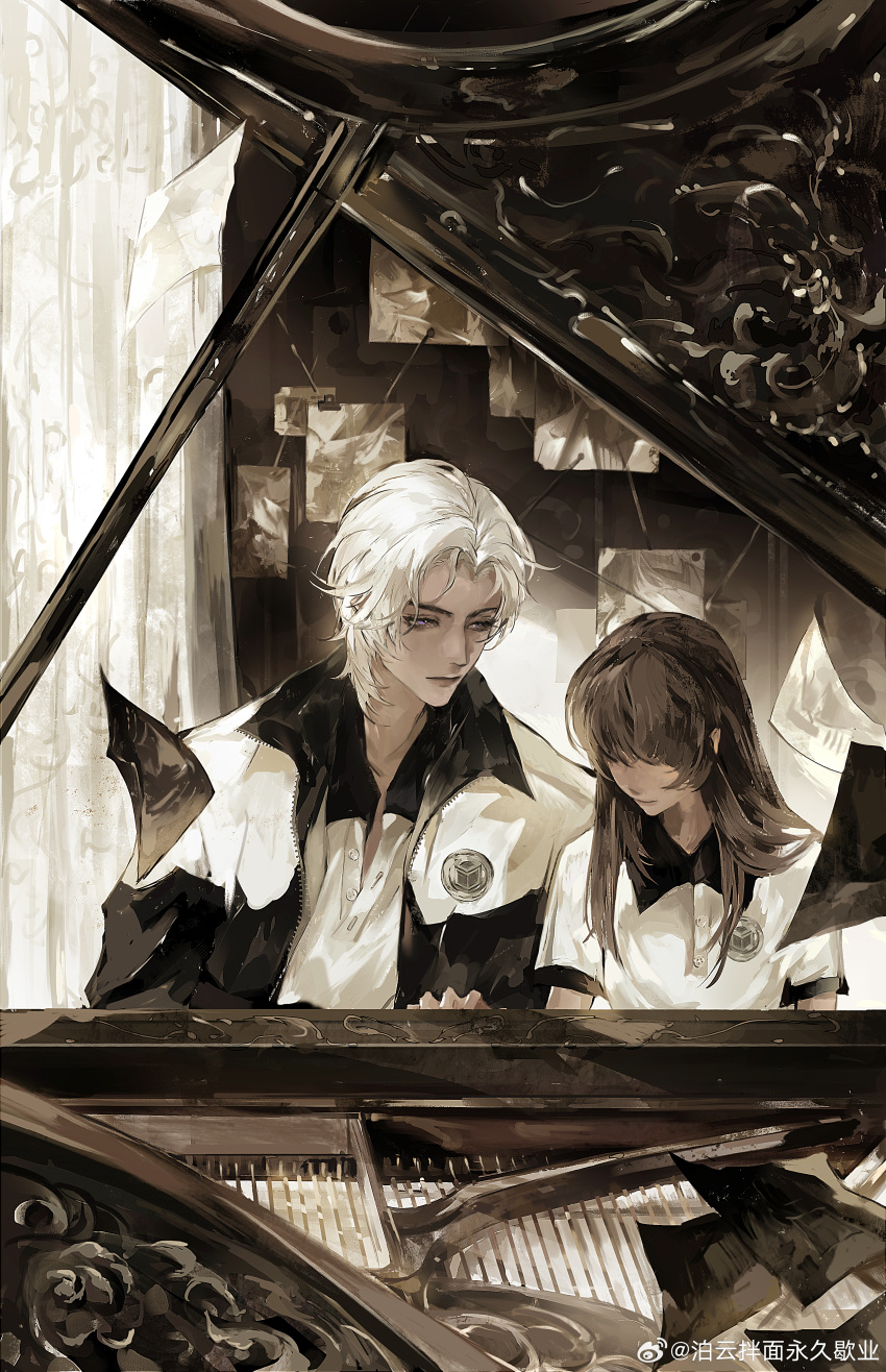 absurdres, brown_hair, character_request, closed_mouth, collared_shirt, copyright_request, grand_piano, highres