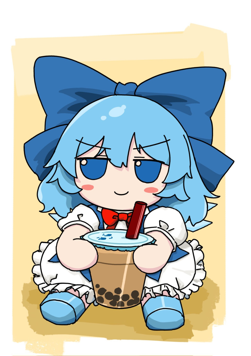 >:), 1girl, aqua_footwear, blue_bow, blue_eyes, blue_vest, blush_stickers, border