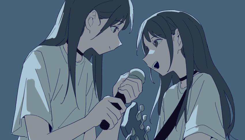 2girls, aoki_hina, bang_dream!, bang_dream!_it's_mygo!!!!!, black_choker, black_hair, blue_background, choker, coldcat., commentary, electric_guitar, guitar, highres, instrument, kaname_raana, long_hair, mitsuketa_keshiki_tazusaete, multiple_girls, photo-referenced, shirt, short_sleeves, symbol-only_commentary, takamatsu_tomori, upper_body, voice_actor, white_shirt, youmiya_hina