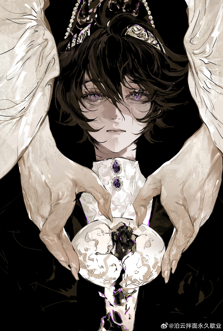 1boy, absurdres, black_hair, closed_mouth, egg, expressionless, eyelashes, fingernails
