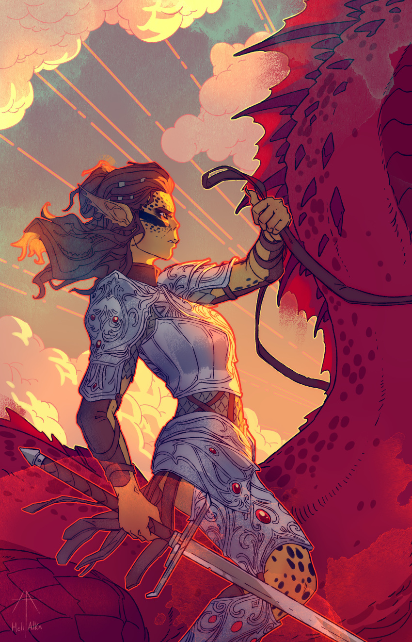 1girl, absurdres, armor, artist_name, baldur's_gate, baldur's_gate_3, brown_hair, clouds, colored_skin, day, dragon, dungeons_&amp;_dragons, gith_(d&amp;d), hell-alka, highres, holding, holding_reins, holding_sword, holding_weapon, lae'zel, long_hair, outdoors, pointy_ears, reins, solo, sword, tarot, war_paint, weapon, yellow_eyes, yellow_skin