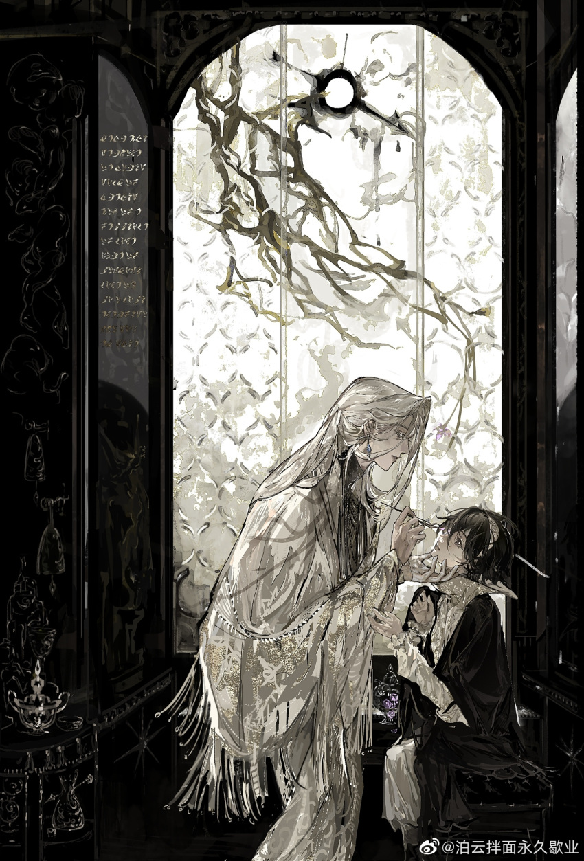 2boys, bishounen, black_hair, branch, chinese_commentary, closed_mouth, coat, commentary_request