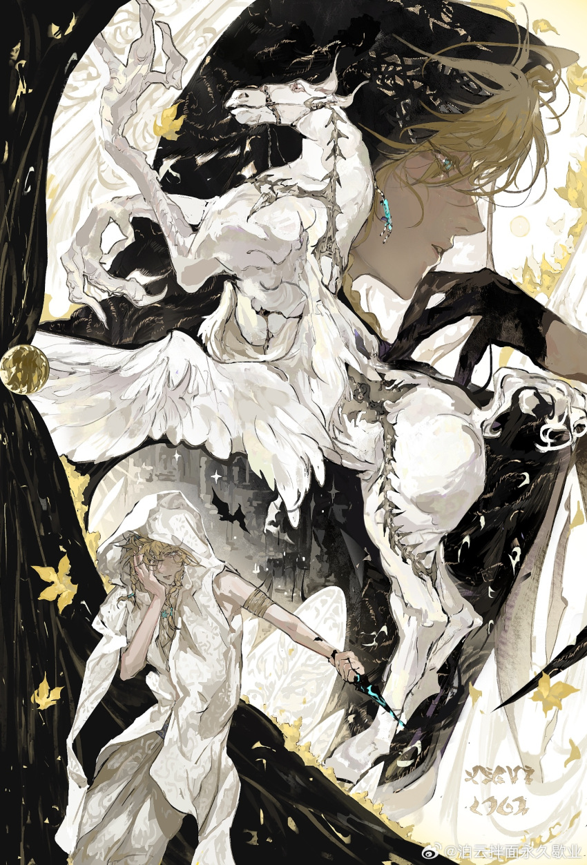 1boy, animal, armlet, black_gloves, blonde_hair, blue_eyes, cowboy_shot, earrings, eyelashes, gem, gloves, hand_on_own_face, highres, holding, holding_weapon, hood, hood_up, horse, jewelry, long_hair, looking_afar, male_focus, monster, multiple_views, naaacn, one_eye_covered, original, parted_lips, solo, standing, upper_body, weapon, weibo_watermark, white_horse