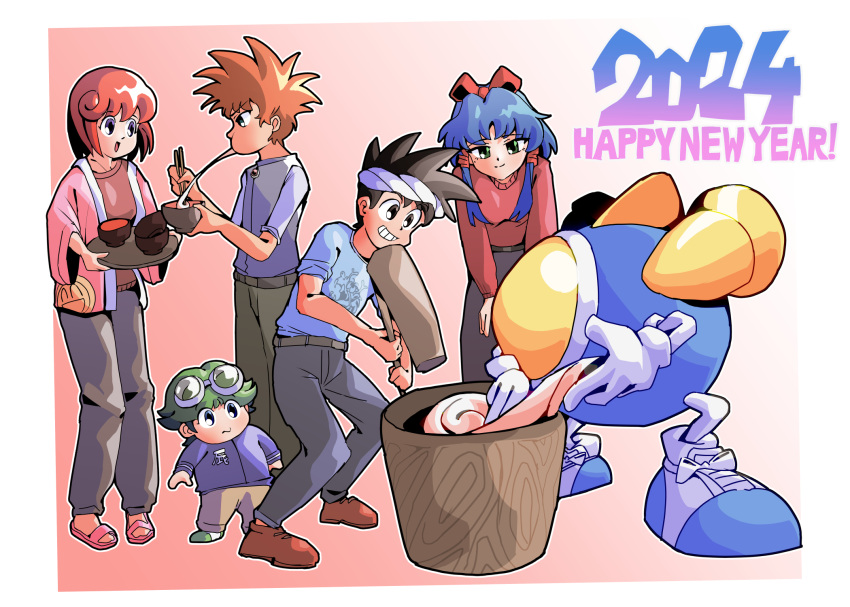 2024, 2girls, 4boys, beeyan64, blue_hair, bow, brown_footwear, brown_hair