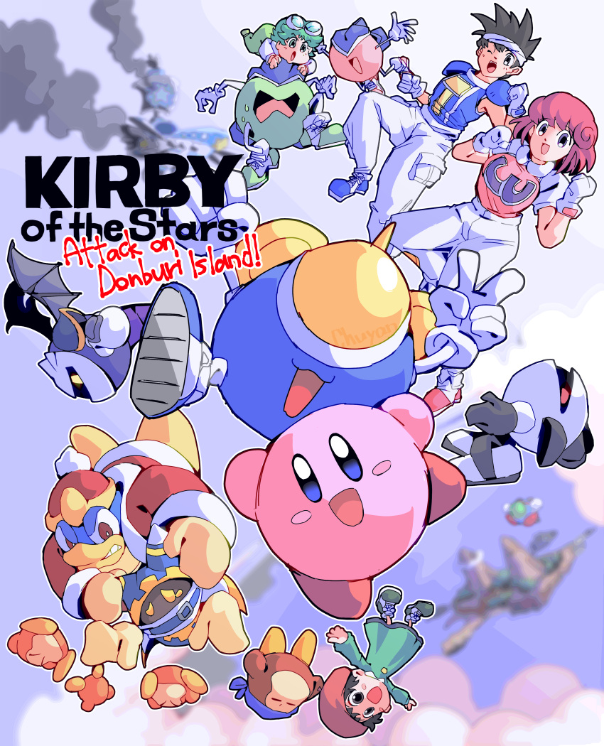 2girls, 3others, 4boys, :d, :o, adeleine, bandana_waddle_dee, beeyan64, blurry, blurry_background, character_name, clenched_hands, clouds, copyright_name, day, floating_island, gloves, goggles, goggles_on_head, gwinbee, headband, highres, king_dedede, kirby, kirby's_dream_land, kirby_(series), light_(twinbee), meta_knight, mint-herb_(twinbee), multiple_boys, multiple_girls, multiple_others, pastel_(twinbee), pink_hair, short_hair, smile, smoke, spiky_hair, twinbee, twinbee_(character), v, waddle_dee, white_gloves, white_headband, winbee, yellow_eyes