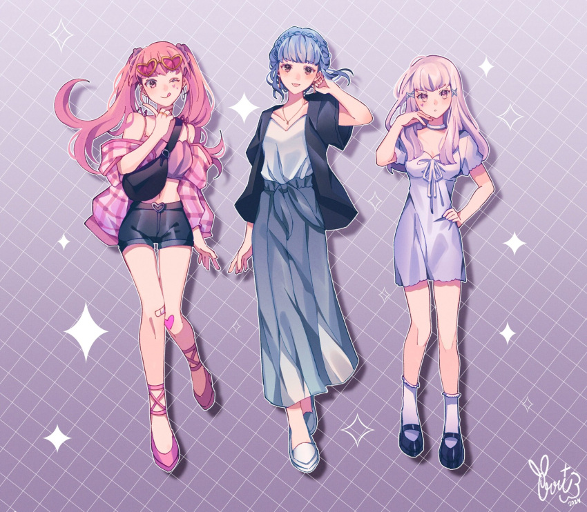 3girls, ;d, alternate_costume, black_footwear, black_jacket, black_shorts, blue_hair, blush