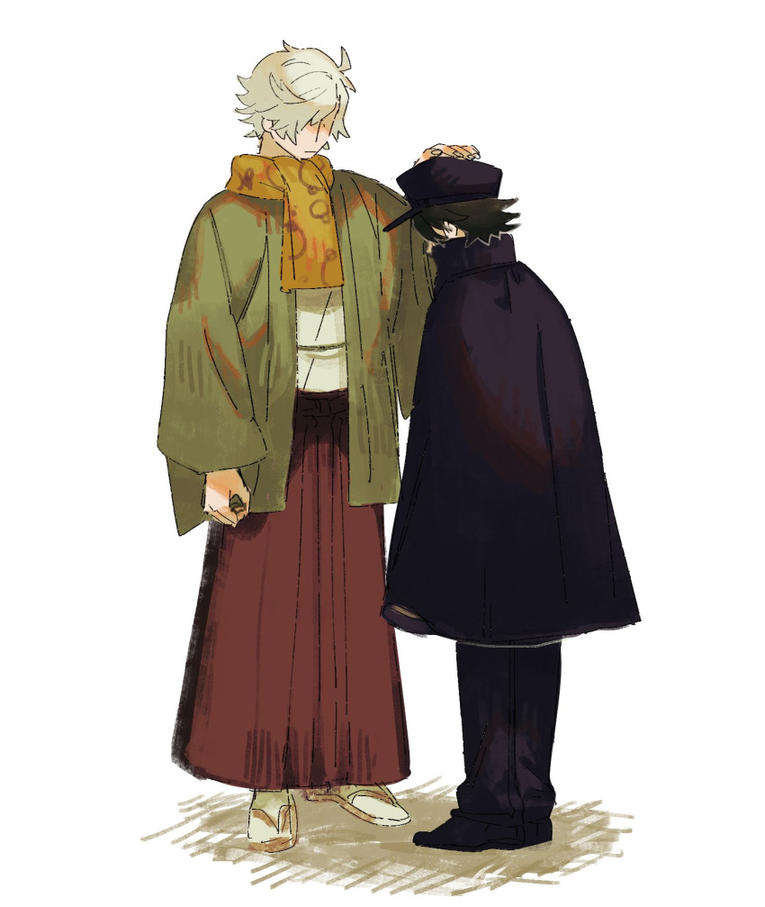 2boys, :|, black_cape, black_footwear, black_hair, black_hat, brown_hakama, bungou_stray_dogs