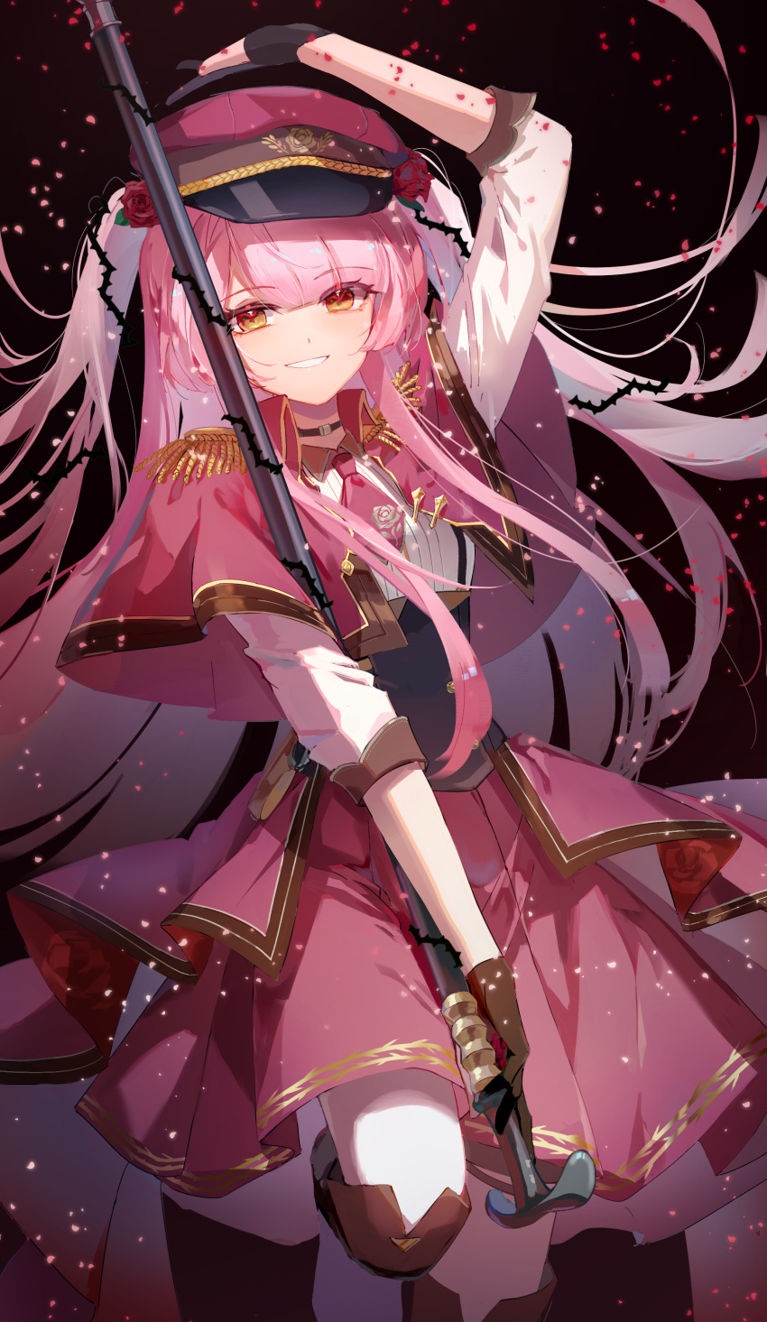 1girl, a_ji, absurdres, arm_up, black_corset, blunt_bangs, boots, brown_choker