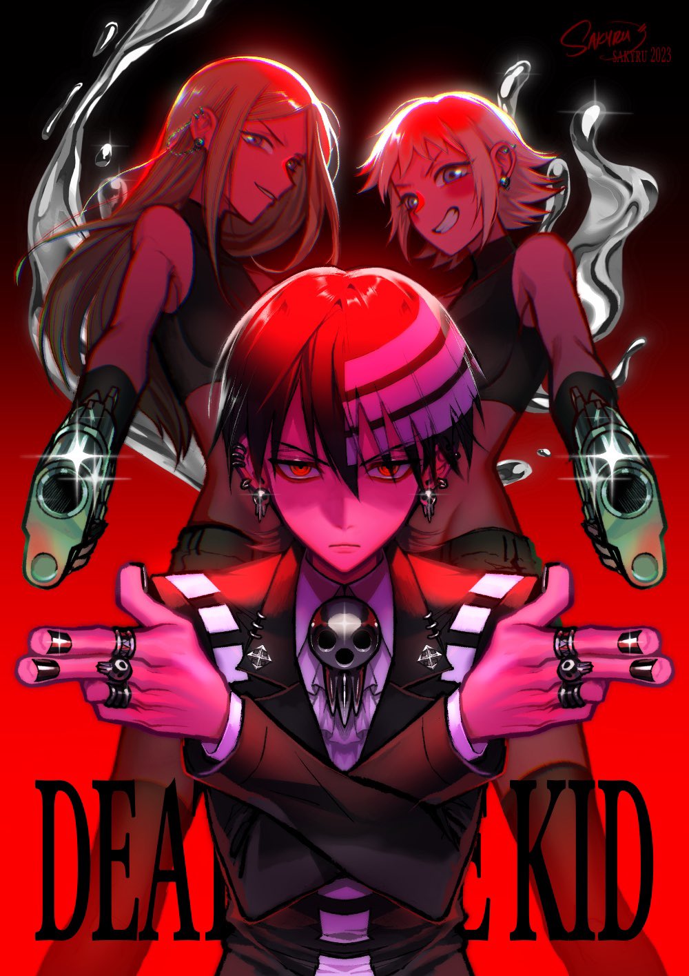 1boy, 2girls, aiming, ascot, bare_shoulders, black_hair, black_jacket, black_nails