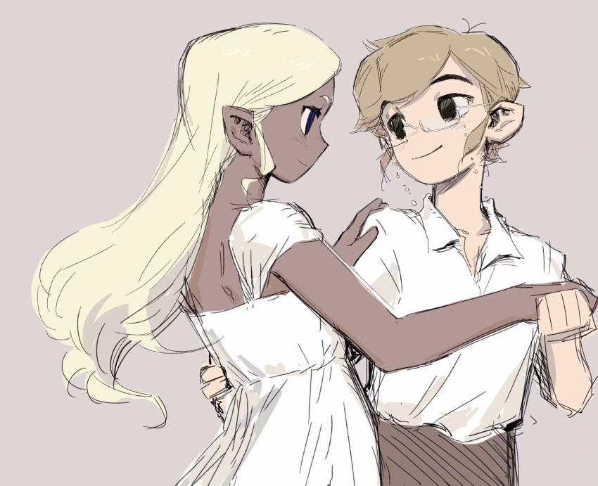 1boy, 1girl, aged_up, alternate_costume, alternate_hairstyle, black_eyes, blonde_hair, closed_mouth, collared_shirt, commentary_request, dancing, dark-skinned_female, dark_skin, dress, floating_hair, glasses, grey_background, highres, holding_hands, link, long_hair, looking_at_another, pointy_ears, profile, senzo6700, shirt, short_hair, simple_background, smile, swept_bangs, tetra, the_legend_of_zelda, the_legend_of_zelda:_the_wind_waker, waltz_(dance), white-framed_eyewear, white_dress, white_shirt