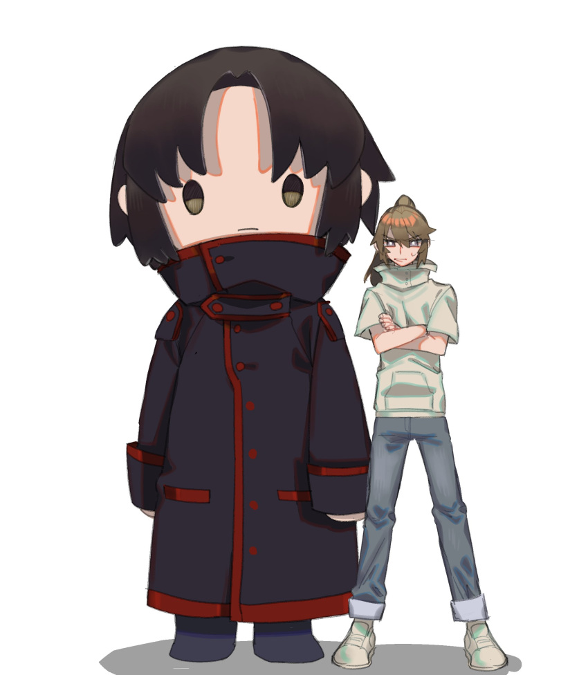 2boys, :|, absurdres, black_coat, black_hair, brown_hair, character_doll, closed_mouth