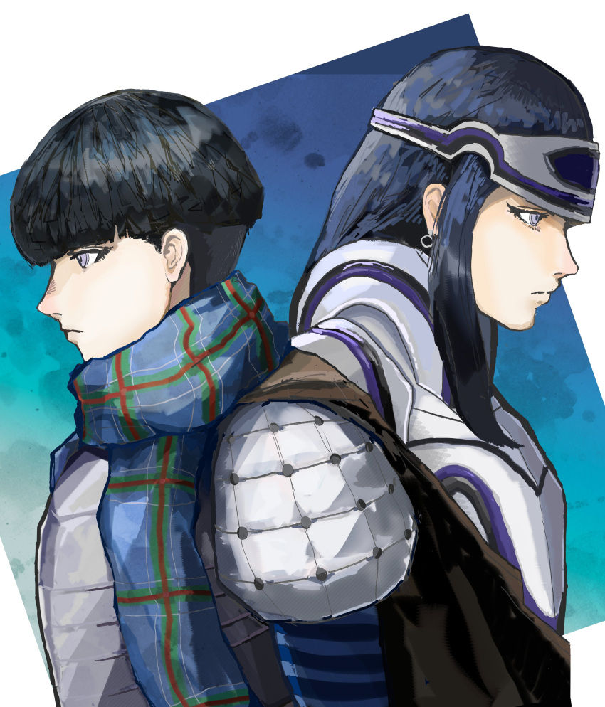 2boys, absurdres, age_comparison, armor, back-to-back, black_hair, blue_background, blue_scarf
