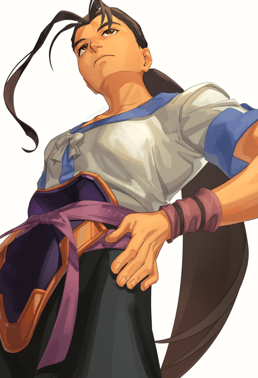 1boy, asagi_(banzoku210), brown_eyes, brown_hair, closed_mouth, fei_fong_wong, from_below, hand_on_own_hip