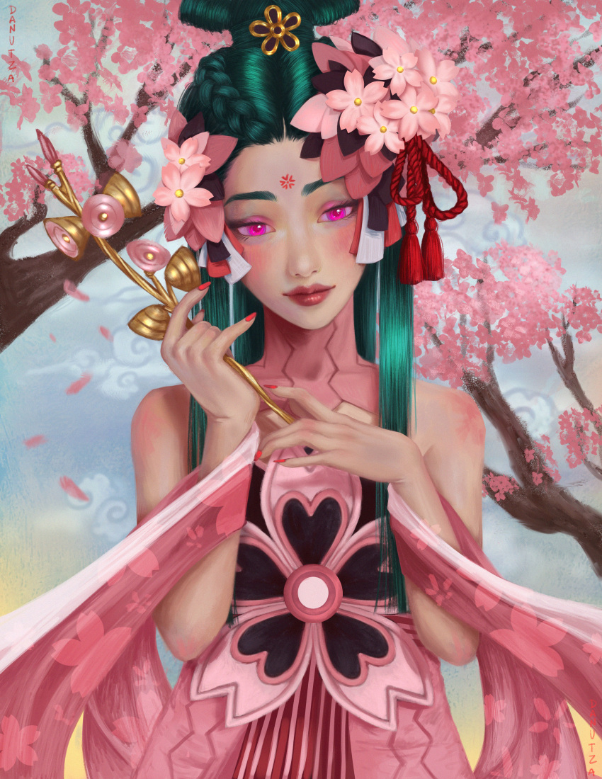 1girl, absurdres, braid, branch, cherry_blossoms, closed_mouth, commentary, danutza