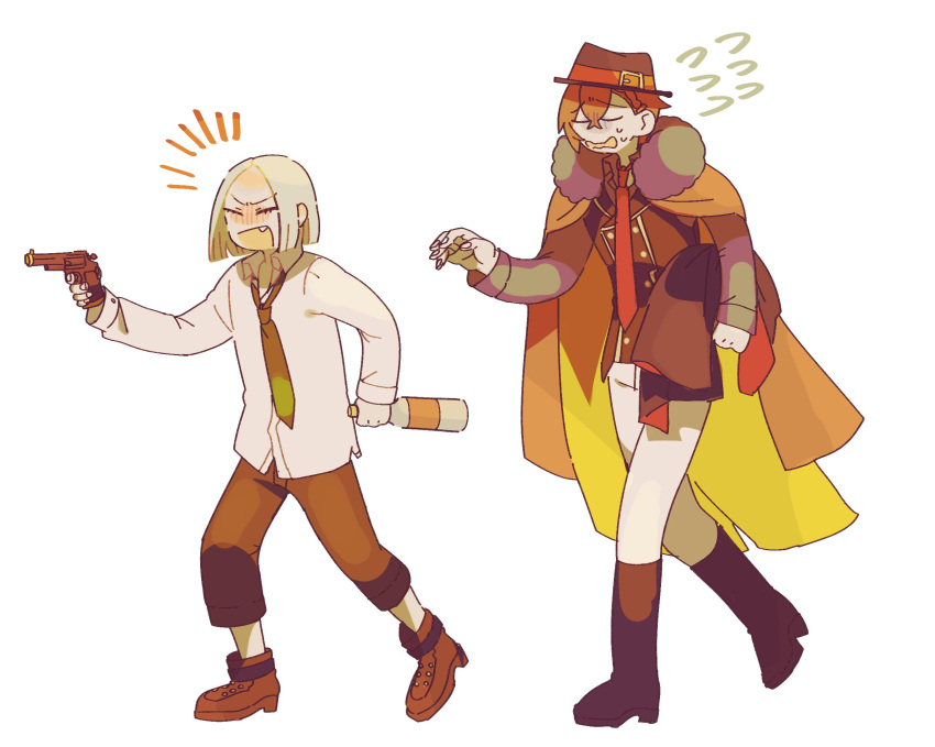 2boys, :d, ^_^, aiming, black_footwear, black_hat, black_necktie, black_pants, black_vest, blonde_hair, blunt_ends, blush, bob_cut, boots, borrowed_clothes, bottle, braid, braided_bangs, brown_footwear, bungou_to_alchemist, buttons, closed_eyes, collared_shirt, crossed_bangs, dazai_osamu_(bungou_to_alchemist), double-breasted, drunk, facing_another, fang, fedora, finger_on_trigger, flying_sweatdrops, frown, full_body, fur-trimmed_kimono, fur_trim, grey_shirt, gun, hair_behind_ear, hair_between_eyes, handgun, hat, hat_belt, highres, holding, holding_bottle, holding_clothes, holding_gun, holding_jacket, holding_weapon, jacket, japanese_clothes, kimono, kimono_on_shoulders, long_necktie, long_sleeves, male_focus, multiple_boys, nakahara_chuuya_(bungou_to_alchemist), necktie, noroinoenojin, open_collar, open_mouth, pants, parted_bangs, red_kimono, red_necktie, redhead, shirt, shoes, short_hair, simple_background, smile, sweatdrop, untucked_shirt, unworn_jacket, v-shaped_eyebrows, vest, walking, waving, weapon, white_background, white_pants, white_shirt, wine_bottle