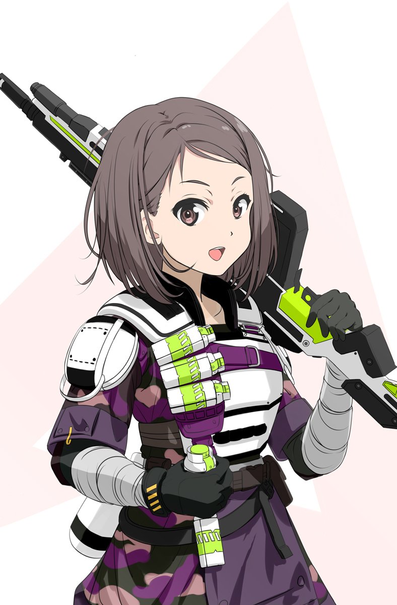 1girl, :d, apex_legends, armor, bangalore_(apex_legends), bangalore_(apex_legends)_(cosplay), battle_rifle, black_gloves