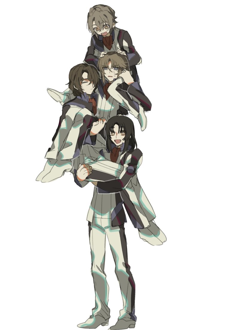 4boys, :d, :|, ascot, black_hair, black_jacket, bright_pupils, brown_eyes