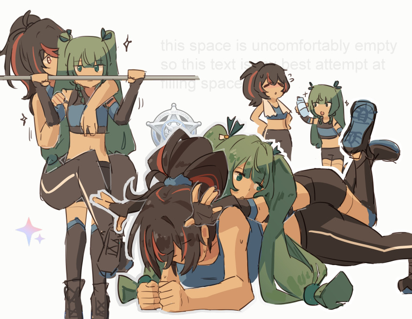 2girls, absurdres, black_hair, blush, breasts, closed_eyes, green_hair, highres
