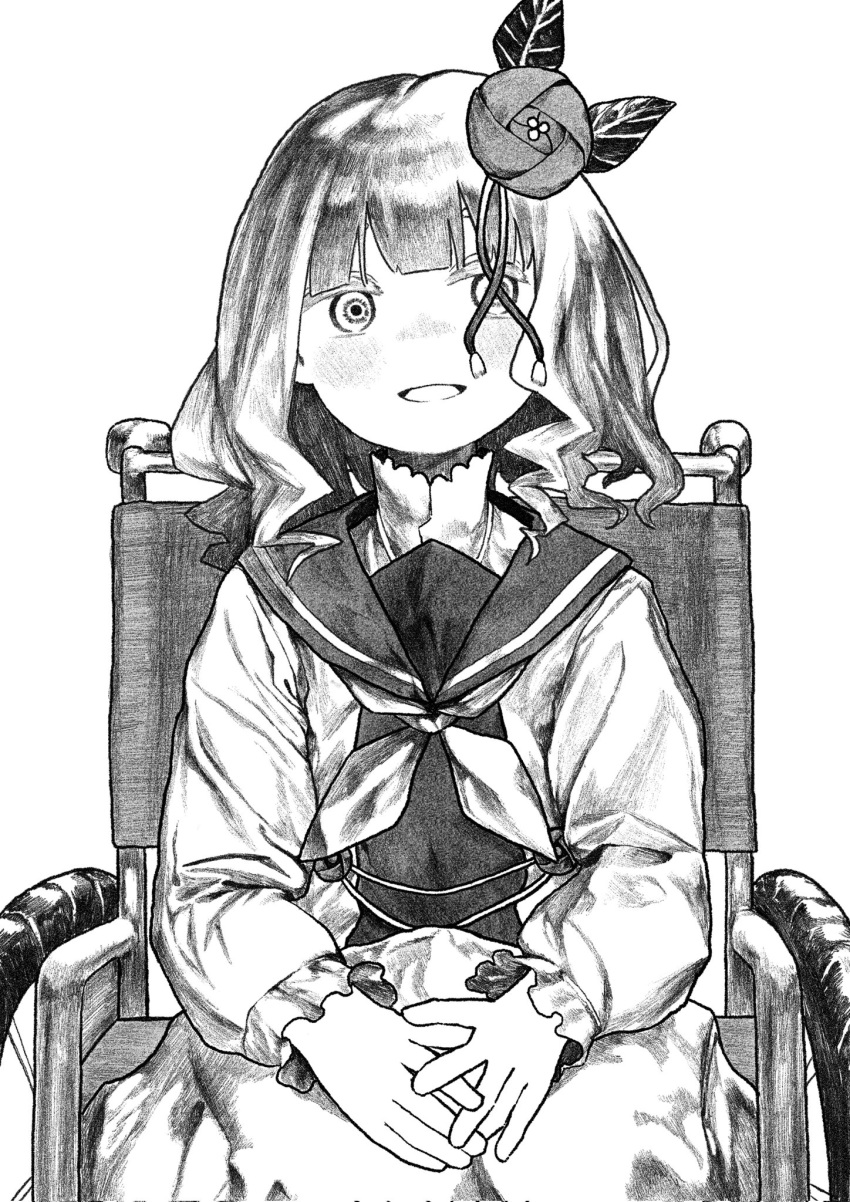 1girl, blanket, blunt_bangs, blush, corrupted_twitter_file, feet_out_of_frame, flower, greyscale