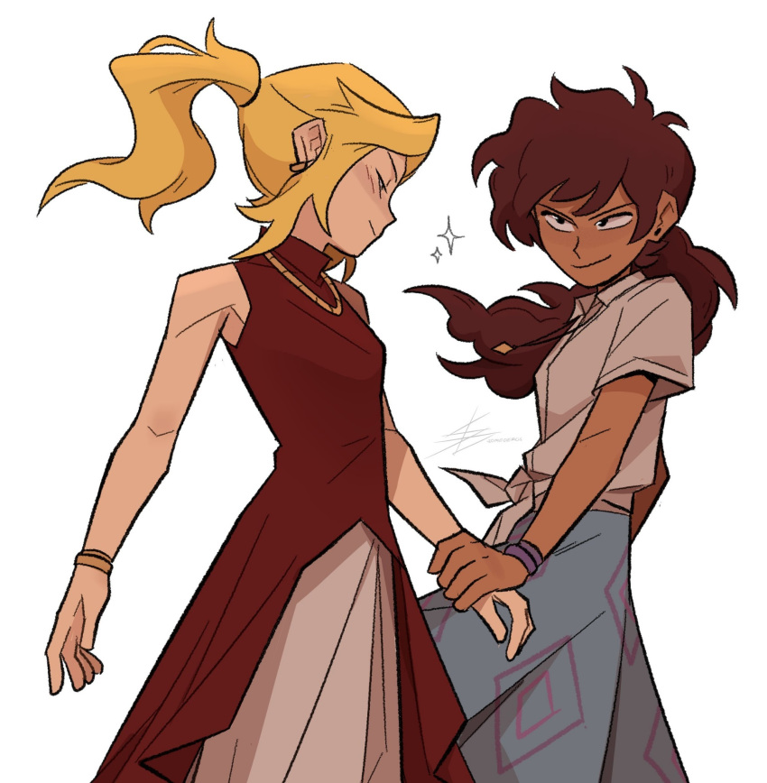 2girls, amphibia, anne_boonchuy, armpits, averting_eyes, blonde_hair, blush, bracelet