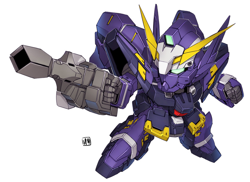 clenched_hand, energy_cannon, green_eyes, gun, highres, holding, holding_weapon, huckebein